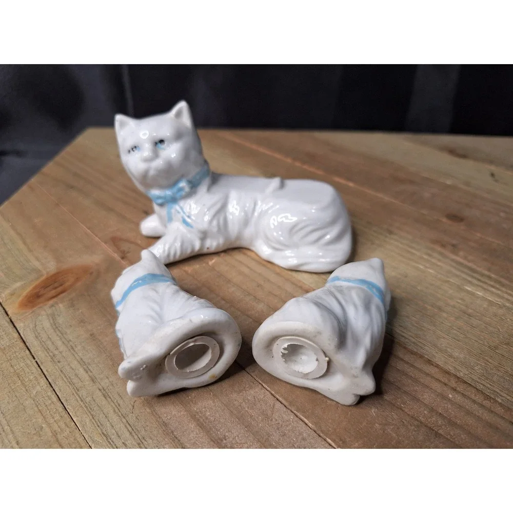 Vintage White Ceramic Cat Family Salt and Pepper Shaker Set Blue Bows 3 Piece